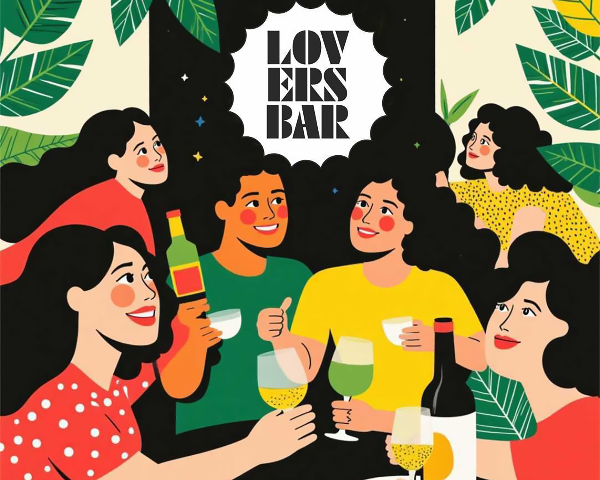 Lovers Bar illustration of a group of people partying and celebrating with drinks